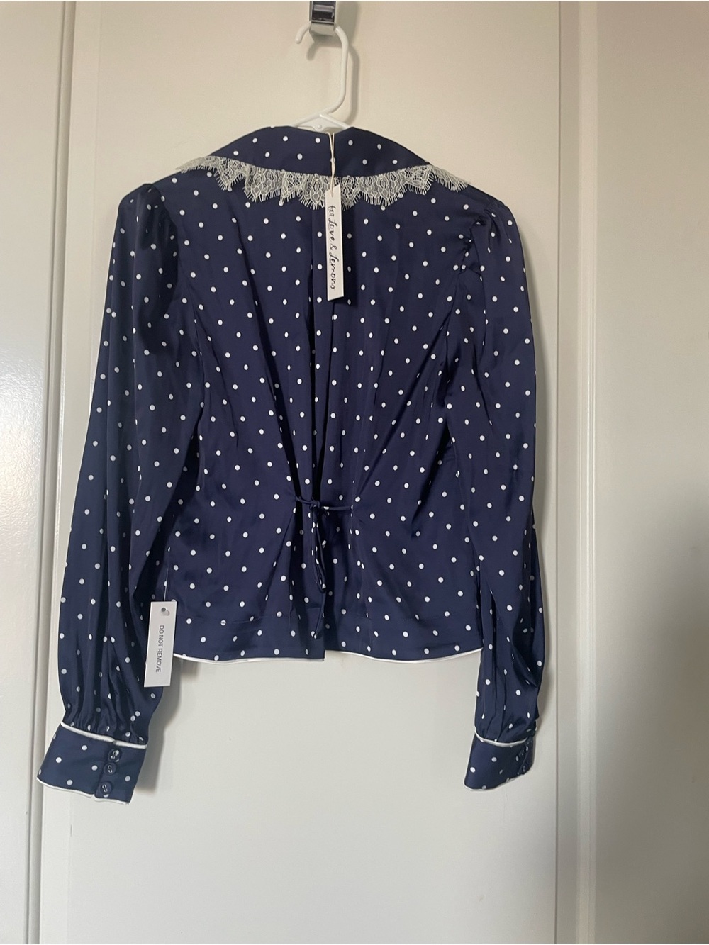 For Love & Lemons Navy Polka Dot Blouse with Cream Lace Trim - Picture 5 of 8